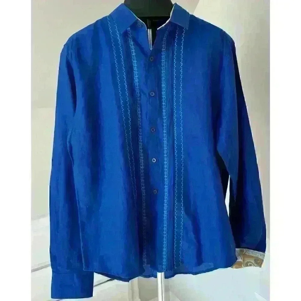 Vintage American Blues Embroidered Men’s Shirt XL Linen Mexico Long sleeve Blue